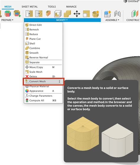 How to convert a mesh to a solid or surface body in .